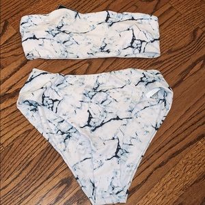 Marble Print High Waisted Bandeau Bikini Set